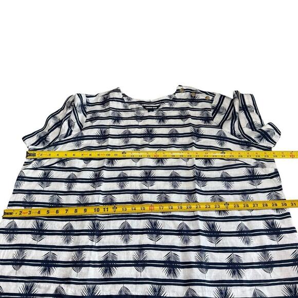 LANDS’ END Leaf Stripe Print LINEN White Navy Top 3X Oversized Relaxed Comfy - Picture 9 of 11